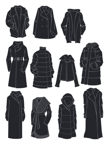 Zimní objemné oblečení, jinou délku a styl, slavnostní a neformální, izolované na bílém pozadí - Vektor, obrázek