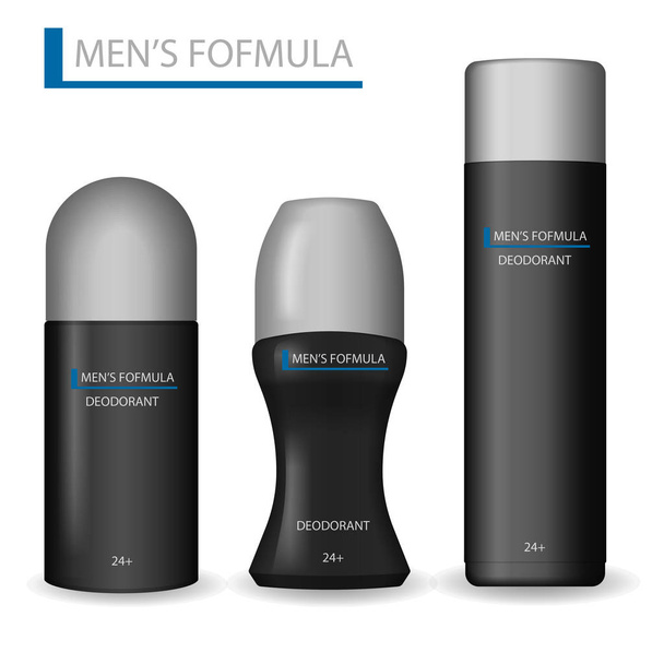 Body care products for men. Realistic Set of Black Cosmetics bottle can Spray, Deodorant, Roll-on and antiperspirant. Men formula Deodorant and antiperspirant. Vector illustration. - Vector, Image