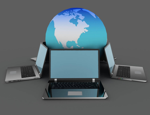 Глобальна мережа ноутбуків навколо Землі. 3D надані illustratio - Фото, зображення
