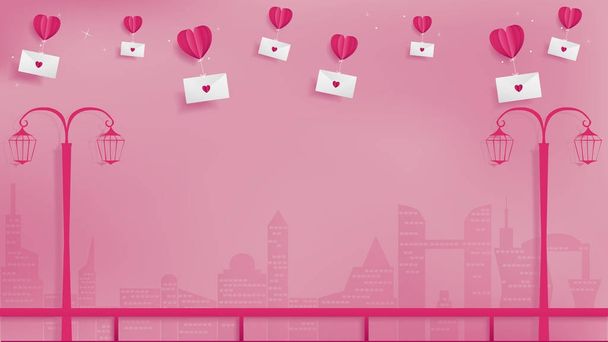 abstraktes Papier Basteln von Valentinen Konzeption enthält rote Papier Ballon Herz Liebe Post nehmen fliegen über den Wolkenkratzer entlang eines Seitengangs, weich rosa Hintergrund, Seite zu Fuß mit Straßenlaterne - Vektor, Bild