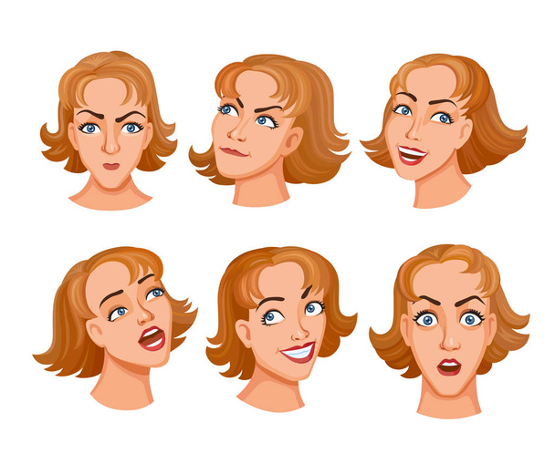 Sat of cartoon young women faces expresses emotions. Different expressions of female faces. Facial expressions with offense, amazement, humor, cunning, love and romance, fun. The girl sings a song - Vector, Image