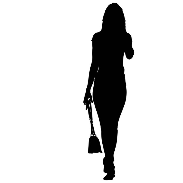 Černá silueta žena stojící s taškou, lidé na bílém pozadí - Vektor, obrázek