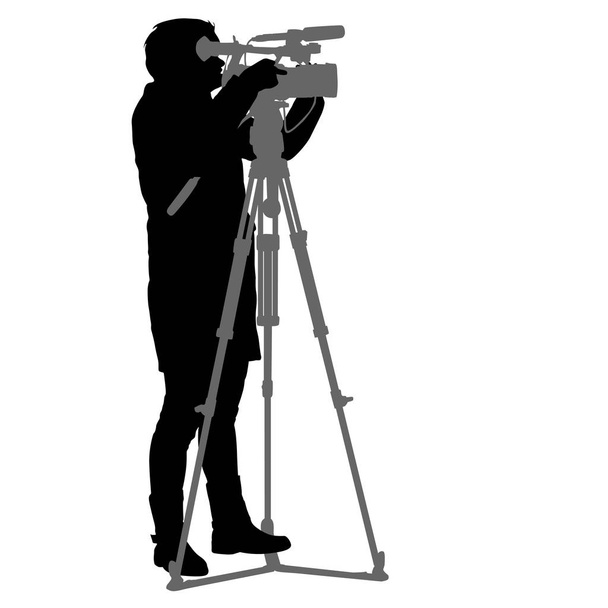 Cameraman with video camera. Silhouettes on white background - Vector, Image