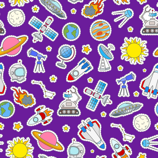 Varrat nélküli mintát a téma, hely és tér utazási színes folt ikonok lila háttér - Vektor, kép