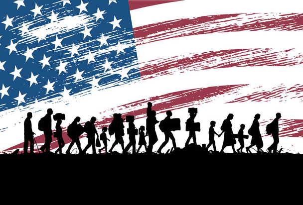 背景としてアメリカ合衆国の国旗と歩いて難民の人々 のシルエット - ベクター画像