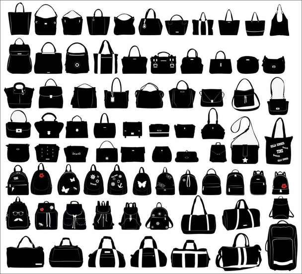 女性のショッピング バッグ、バックパック、白い背景の上の旅行バッグのコレクション - ベクター画像