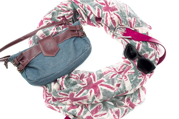 Set of women accessories Scarf Handbag Sunglasses Belt. - Photo, Image