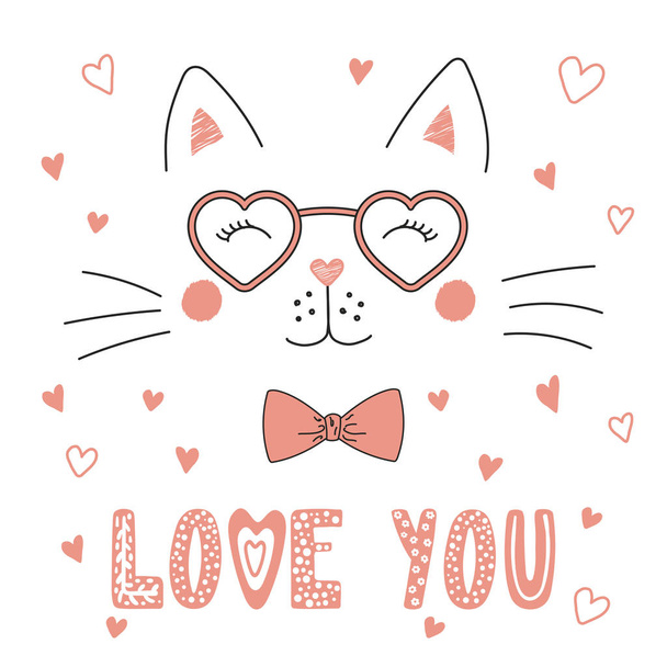 Aranyos macska szemüveg szív alakú - Vektor, kép