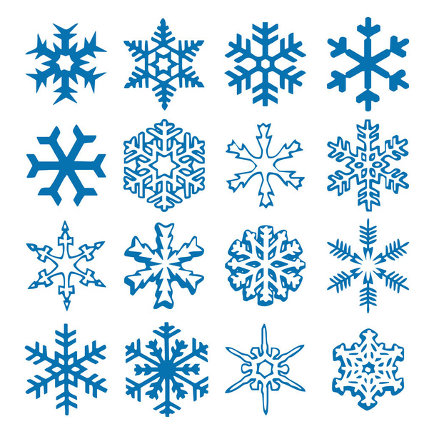 Снежинка вектор значок фона набор синий цвет. Зимнее белое Рождество снежинка хрустальный элемент. Погодные иллюстрации коллекции льда. Символ Рождества - плоский изолированный силуэт
 - Вектор,изображение