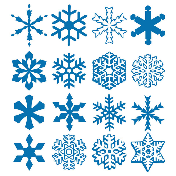 Sněhová vločka vektorové ikony pozadí nastavte modrou barvu. Zimní bílý vánoční sněhová vločka crystal prvek. Počasí v obrázku ledová kolekce. Xmas frost plochá silueta izolované symbol - Vektor, obrázek