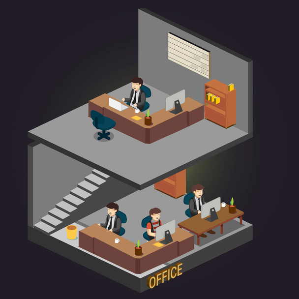 Ilustración isométrica 3D de las habitaciones de los gerentes de oficina. Ilustración detallada vector colorido
 - Vector, imagen