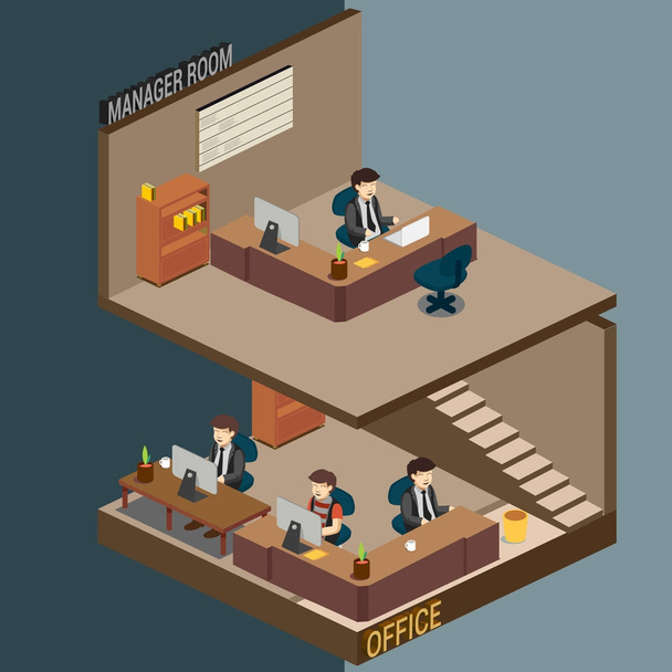 3D Izometrické ilustrace kanceláří manažerů. Podrobné barevné vektorové ilustrace - Vektor, obrázek
