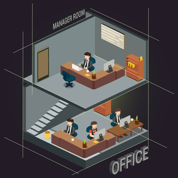 Ilustración isométrica 3D de las habitaciones de los gerentes de oficina. Ilustración detallada vector colorido
 - Vector, Imagen