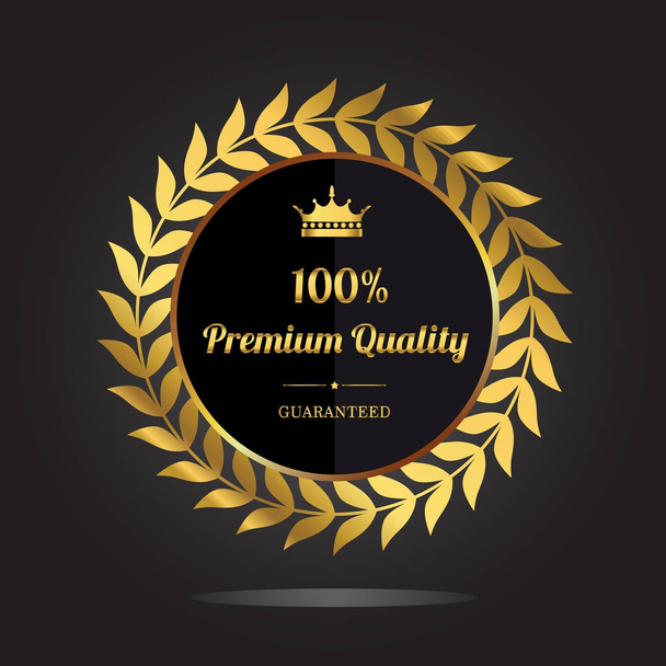 Premium quality guaranteed golden label with crown. Vector illustration on black background  - Вектор,изображение