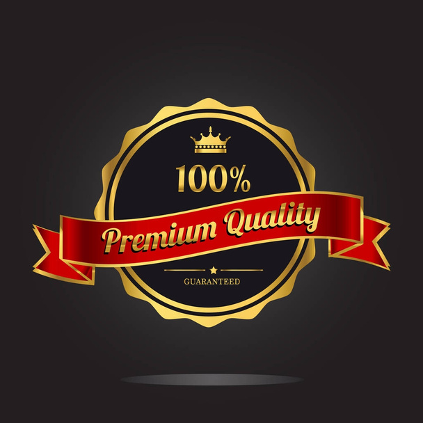 Premium quality guaranteed golden label with crown and ribbon. Vector illustration on black background  - Vector, Image