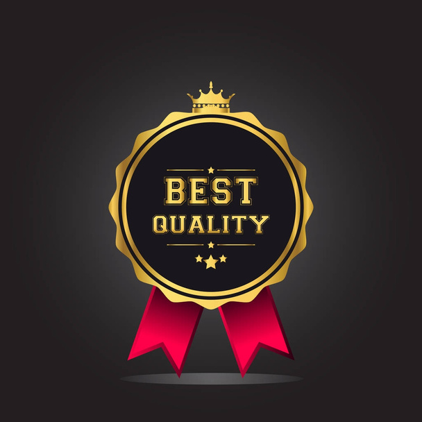 Best quality golden label with crown and ribbon. Vector illustration on black background  - Vektor, kép