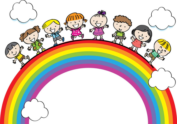 cartoon kinderen met regenboog vector - Vector, afbeelding