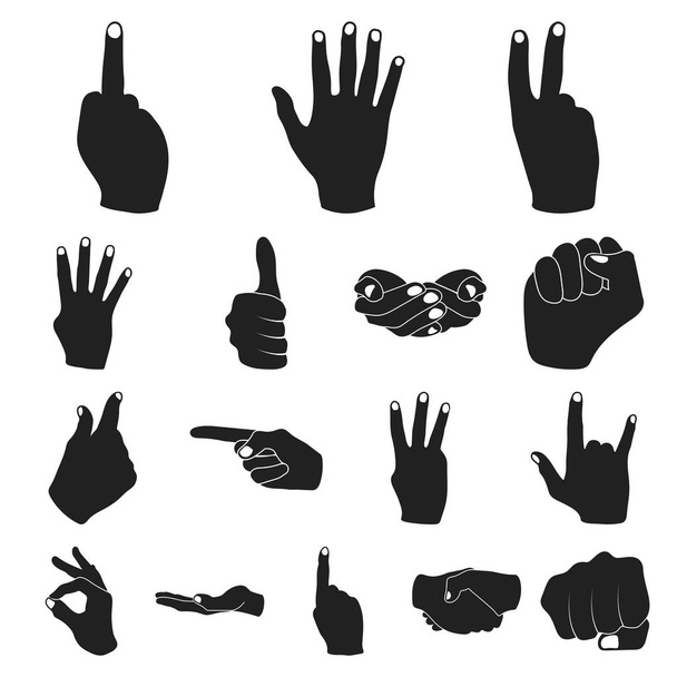 手ジェスチャー黒アイコン デザインのセットのコレクション。手のひらと指のベクトル シンボル ストック web イラスト. - ベクター画像