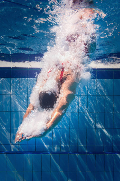 fêmea Mergulho na piscina na piscina, tiro subaquático
  - Foto, Imagem