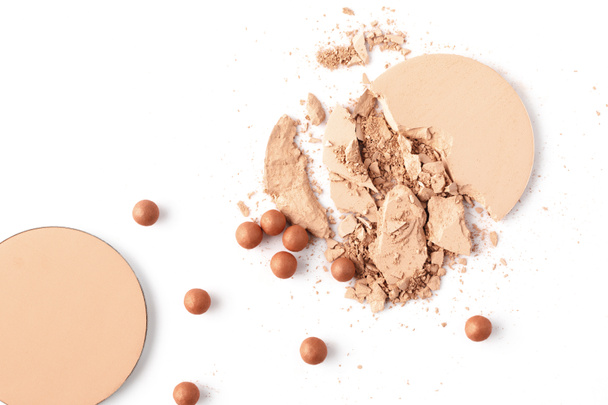 flat lay composition of nude cosmetic powder isolated on white - Photo, Image