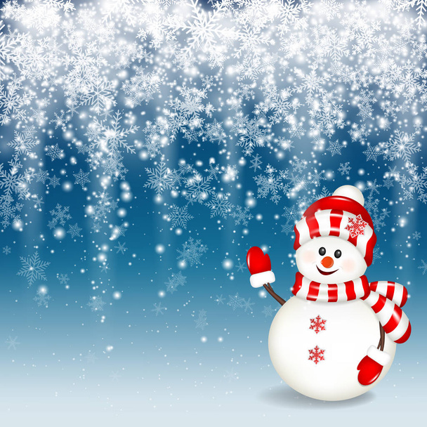 Χιονόπτωση με χιονάνθρωπο για το σχεδιασμό σας χειμώνα, απομονώνονται σε μπλε φόντο. - Διάνυσμα, εικόνα