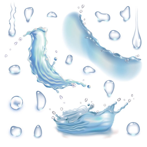 Set van doorschijnend water spatten en druppels in lichte blauwe kleuren, geïsoleerd op transparante achtergrond. - Vector, afbeelding