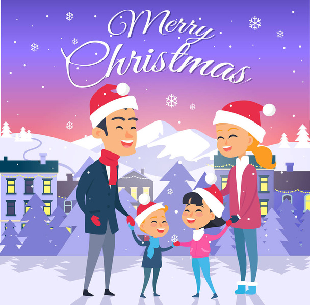 Merry Christmas. Happy Family of Four Outdoors - Vector, imagen