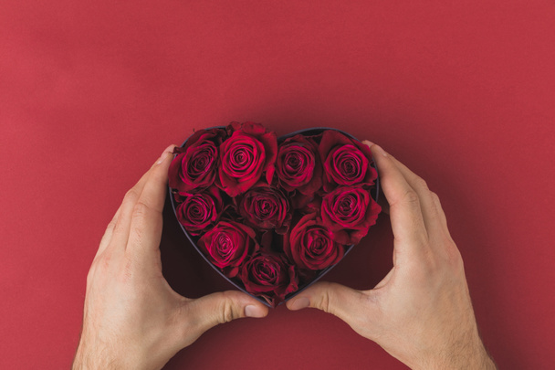 cropped shot of man holding roses in heart shaped box on red tabletop, st valentines day concept - Фото, изображение