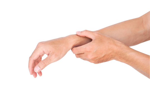 Mann Hand hält Handgelenk auf weißem Hintergrund, Gesundheit und medizinische Versorgung - Foto, Bild
