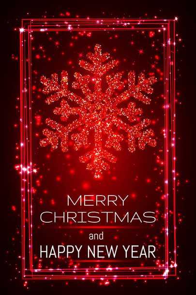 Red shining snoweflaces with frame, marry christmas and happy new year greeting card - Vector, Image
