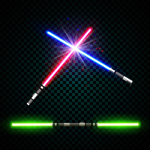 neon light swords. crossed light sabers, flash and sparkles. Vector illustration isolated on transparent background - Vector, Image