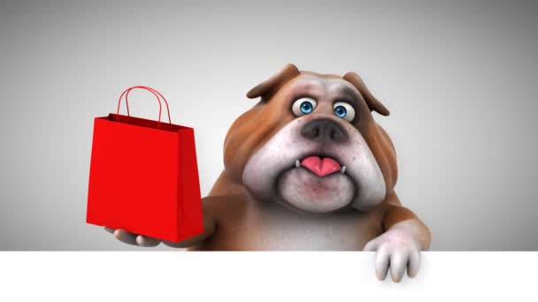 Bulldog szórakoztató rajzfilmfigura bevásárló táska - 3d animáció  - Felvétel, videó