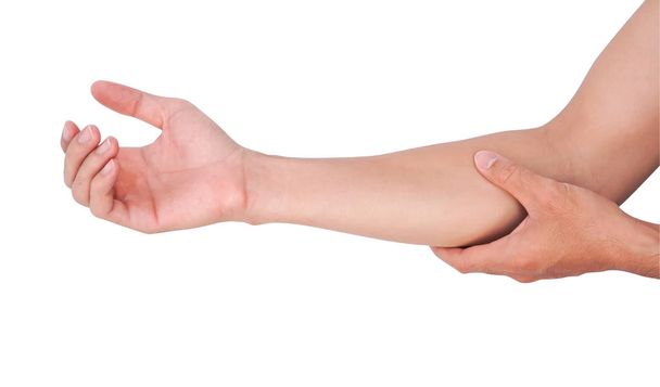Homem mão segurando pulso no fundo branco, cuidados de saúde e médico
 - Foto, Imagem