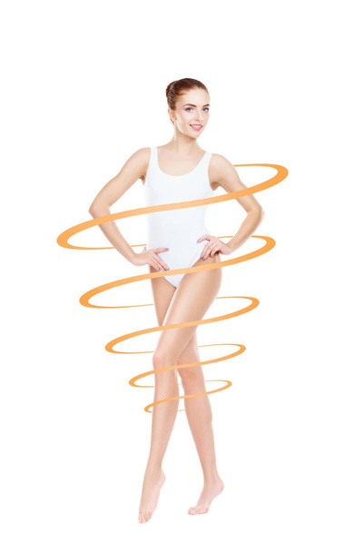 fit and sporty woman in white lingerie bodysuit. Spiral around body. Sport, fitness, diet, weight loss and healthcare concept  - Photo, Image