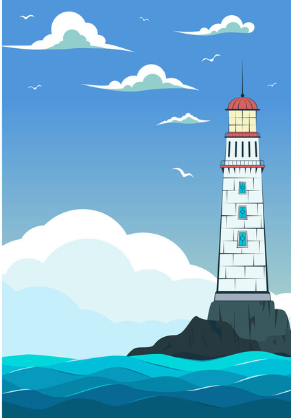 Blue sea with waves and lighthouse. - Vector, Image