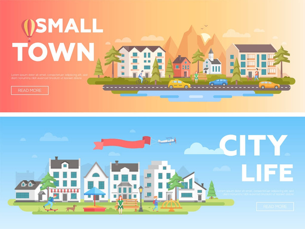 Town and city - set of modern flat vector illustrations - Vector, Image