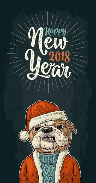 Σκύλος Βασίλη στο καπέλο, παλτό. Ευτυχισμένο το νέο έτος γράμματα - Διάνυσμα, εικόνα
