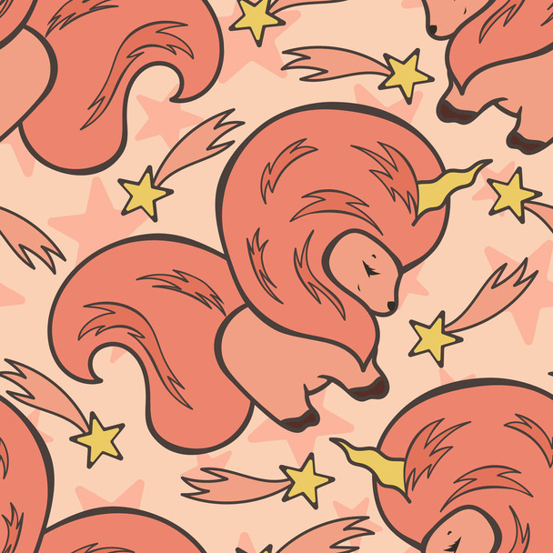 Unicorn in night sky, seamless pattern isolated on pink. Vector image of pink fluffy unicorn with stars, comet. Simple design of magic fantasy animal, flat cartoon. Dream symbol. Design for children. - Vector, afbeelding