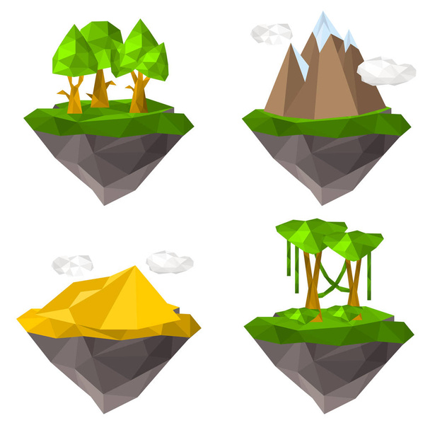 Soaring islands with elements of nature color illustration set - Vector, Image