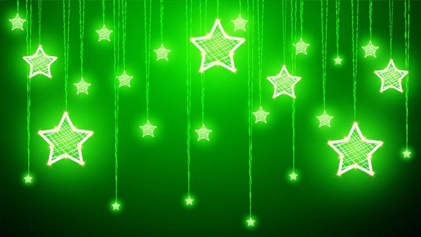 Повесить рождественские украшения звезд на зеленом фоне
 - Вектор,изображение