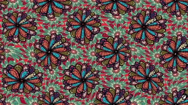 Mandala stijl. Rijke etnische gestreepte naadloze patroon geometrisch ontwerp. Gekleurde mandala op groene, zwarte en rode kleuren. Video. - Video