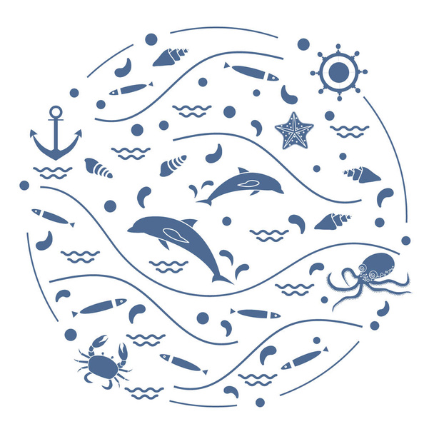 Cute vector illustration with dolphins, octopus, fish, anchor, h - Vektori, kuva