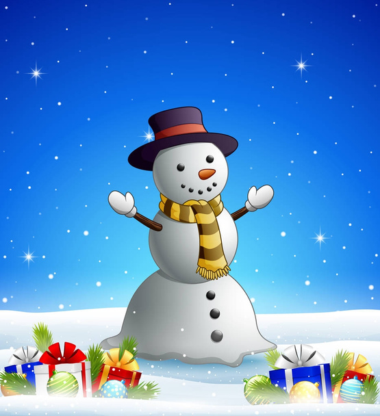 Εικονογράφηση διάνυσμα καρτούν χιονάνθρωπος στο παρασκήνιο χειμώνα με δώρο κουτιά και μπάλες - Διάνυσμα, εικόνα