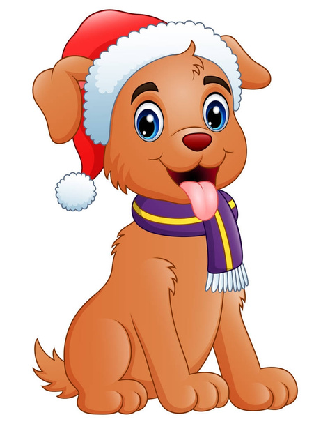 Векторная иллюстрация мультфильма "Симпатичная собака в шапочке санта"
 - Вектор,изображение