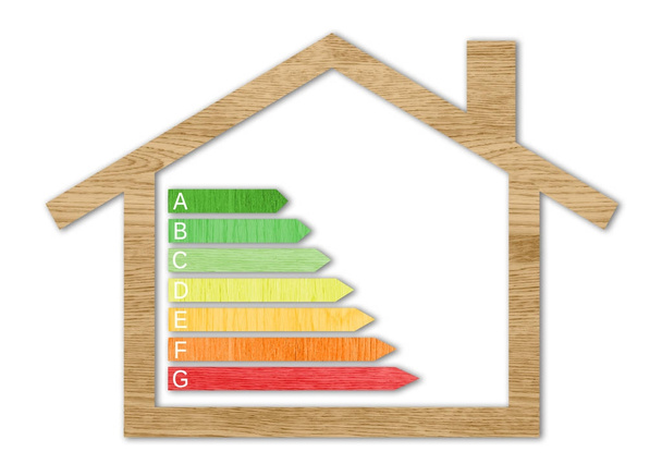Símbolos de certificação de eficiência energética texturizados em madeira
 - Foto, Imagem