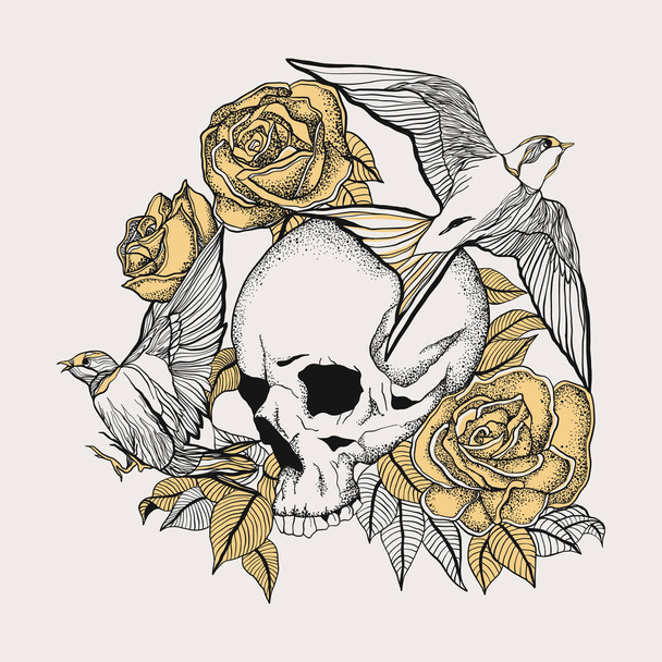 Skull tattoo with roses and floating swallows. - Vector, Image
