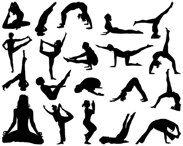 Black silhouettes of yoga and fitness, vector - Vector, Image
