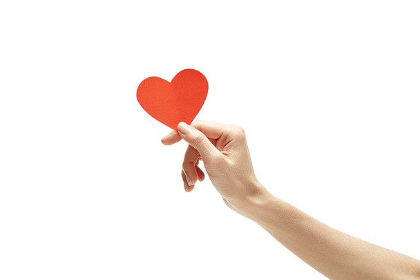 rood papier hart in hand geïsoleerd op wit - Foto, afbeelding