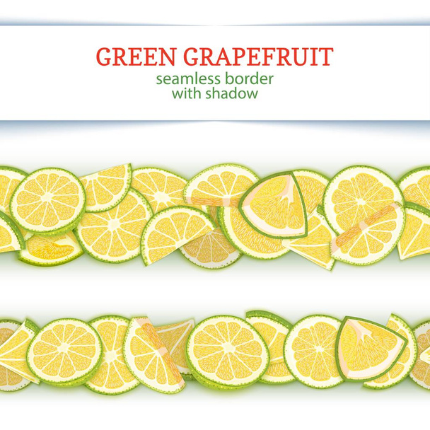 Γκρέιπφρουτ ώριμα φρούτα οριζόντιων σύνορα άνευ ραφής. Vector εικονογράφηση κάρτα ευρύ και στενό ατελείωτες λωρίδα με πράσινο φρουτ για σχεδιασμό πρωινό χυμό συσκευασίας τροφίμων, καλλυντικών, τσάι, δίαιτα αποτοξίνωσης. - Διάνυσμα, εικόνα
