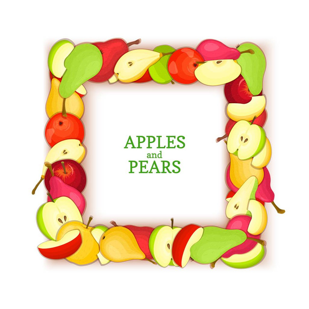 正方形のフレームは、おいしいリンゴ果実で構成されます。ベクトル カード イラスト。四角形梨りんごフレーム デザイン フード、ジュース、ジャム、アイスクリーム、スムージー、デトックス、化粧品クリームの包装のための果物. - ベクター画像
